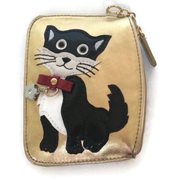 Sharif 1827 gold leather cat themed coin purse pouch - Picture 3 of 11